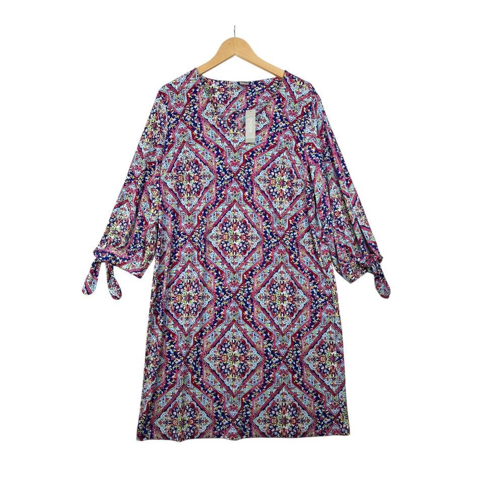 New Chico's Paisley Print Dress‎ Tie Sleeve Long Sleeve Multicolor Size 12/14